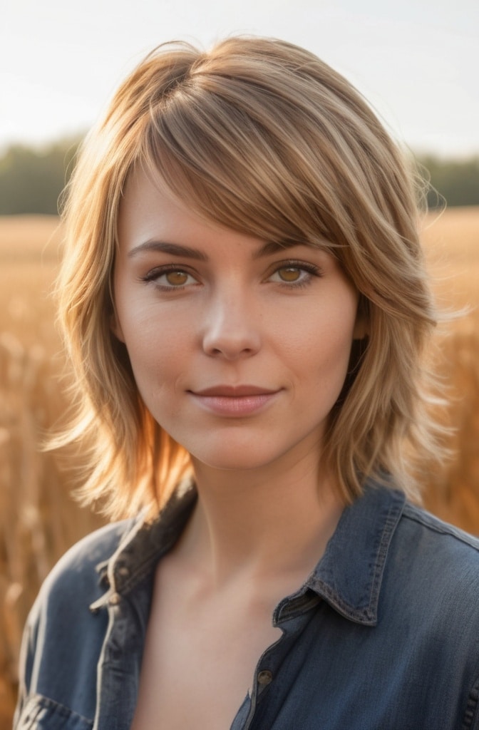 11. Butterscotch Blonde Shag with Side-Swept Bangs