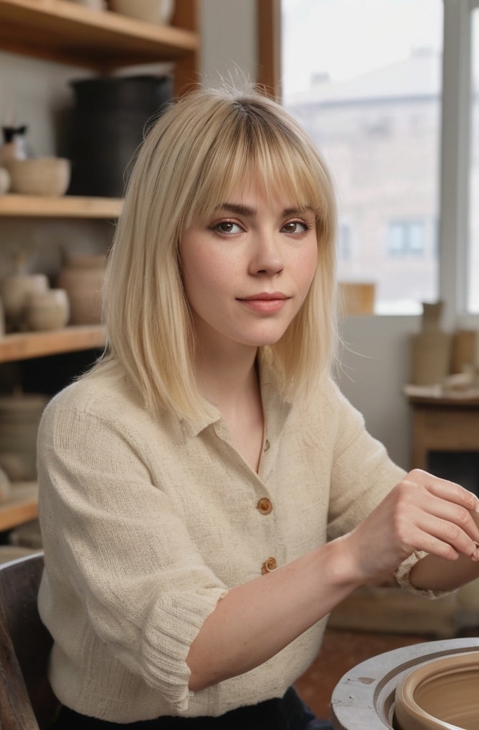 15. Shaggy Blonde Midi Cut with Bangs