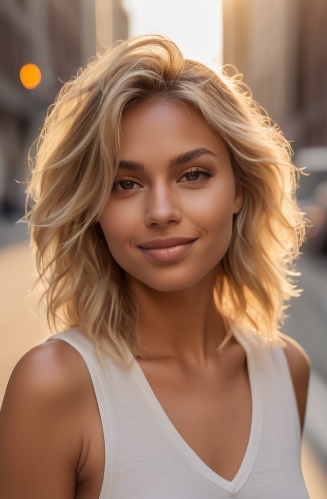 17. Golden Blonde Shag with Money Piece Highlights