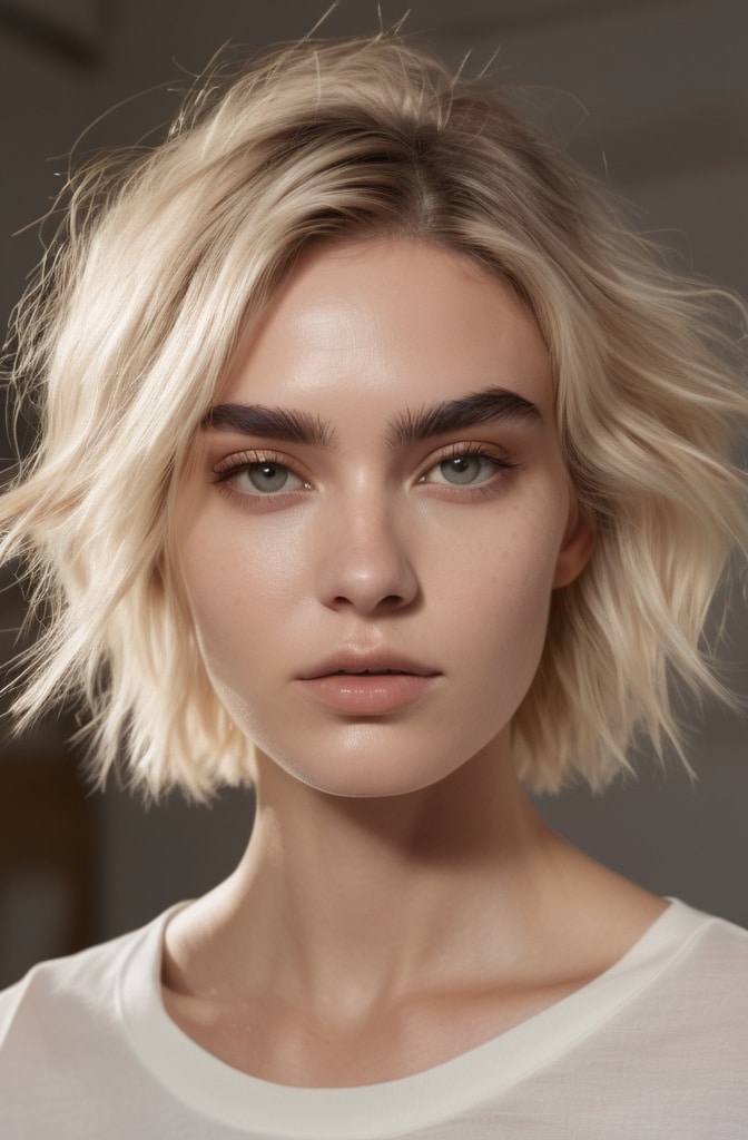 44. Crown-Focused Blonde Shag with Face-Framing Tendrils