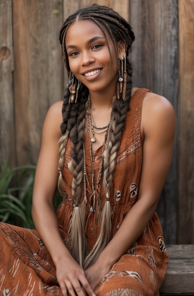 2. Bohemian Knotless Braids with Wooden Beads
